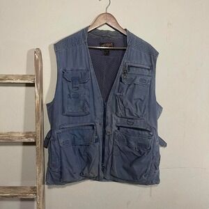 Vintage 80s Eddie Bauer Faded Blue Fishing Zip Vest size Large